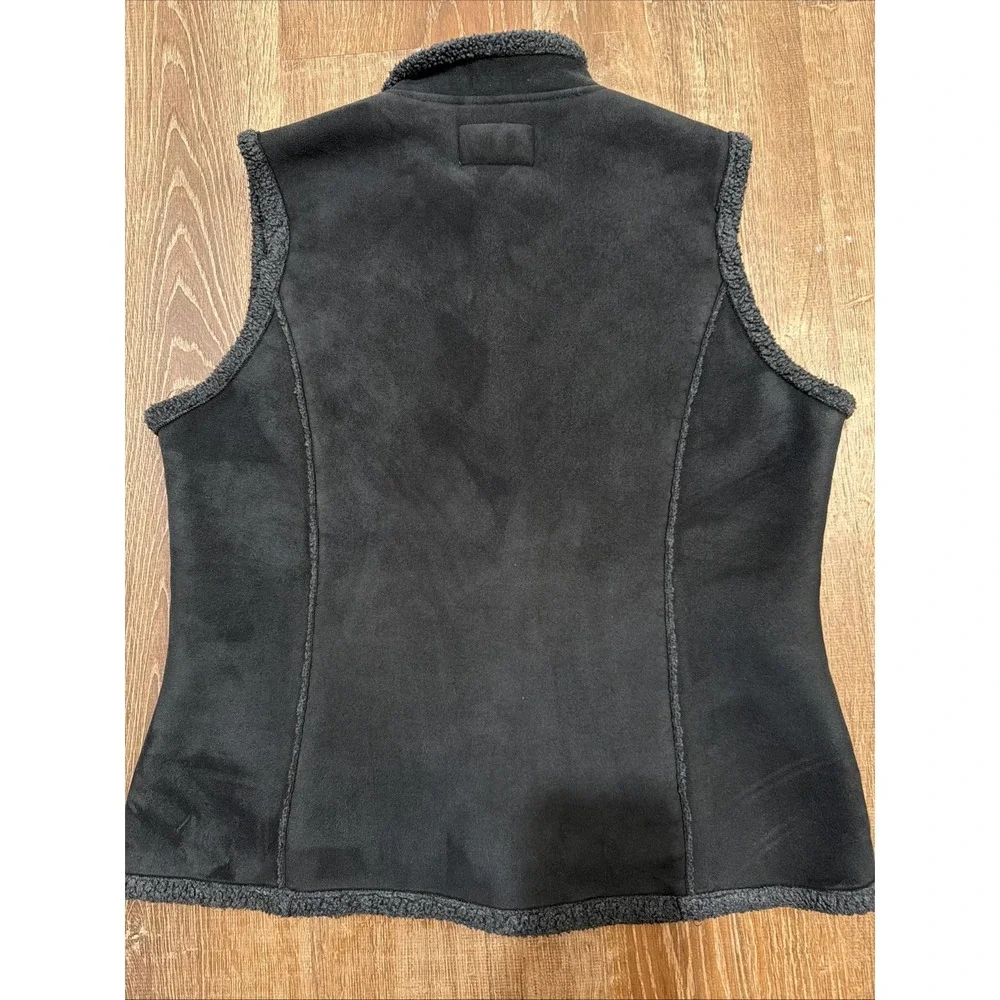 Outback Trading Company Black Gray Shearling Trim Button Vest Women Sleeveless L
